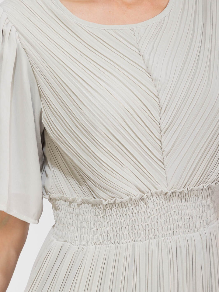 WOMEN'S SHORT SLEEVE SMOCK WAIST PLEATED MAXI DRESS