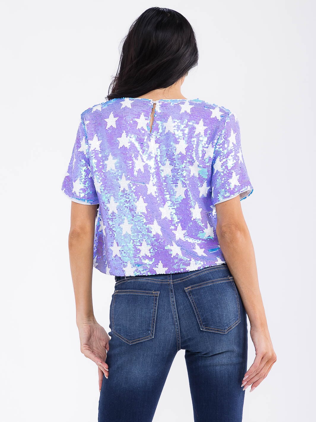 WOMEN'S SHORT SLEEVE STARS PRINT SEQUINS BLOUSE