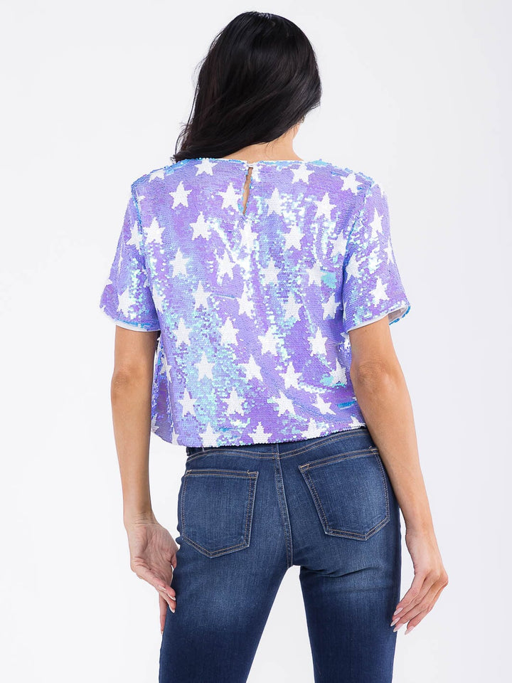 WOMEN'S SHORT SLEEVE STARS PRINT SEQUINS BLOUSE