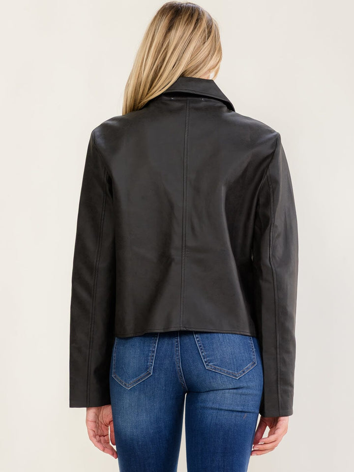 WOMEN'S LONG SLEEVE BUTTON CLOSURE FRONT POCKETS PU PLEATHER JACKETS
