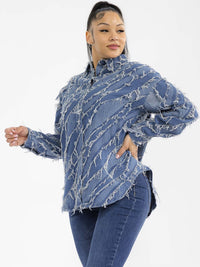 WOMEN'S LONG SLEEVE BUTTON CLOSURE DENIM DISTRESS SHACKET