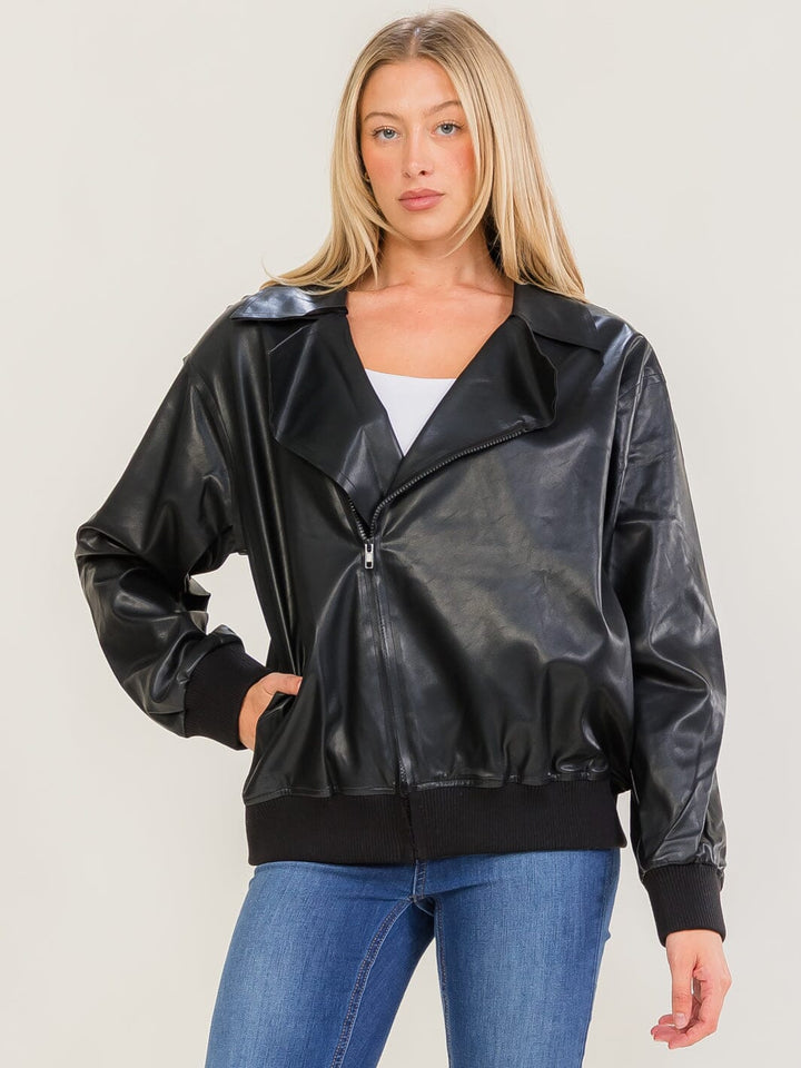 WOMEN'S LONG SLEEVE ZIPPER CLOSURE POCKETS PU PLEATHER JACKETS