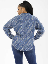 WOMEN'S LONG SLEEVE BUTTON CLOSURE DENIM DISTRESS SHACKET