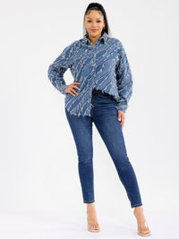 WOMEN'S LONG SLEEVE BUTTON CLOSURE DENIM DISTRESS SHACKET