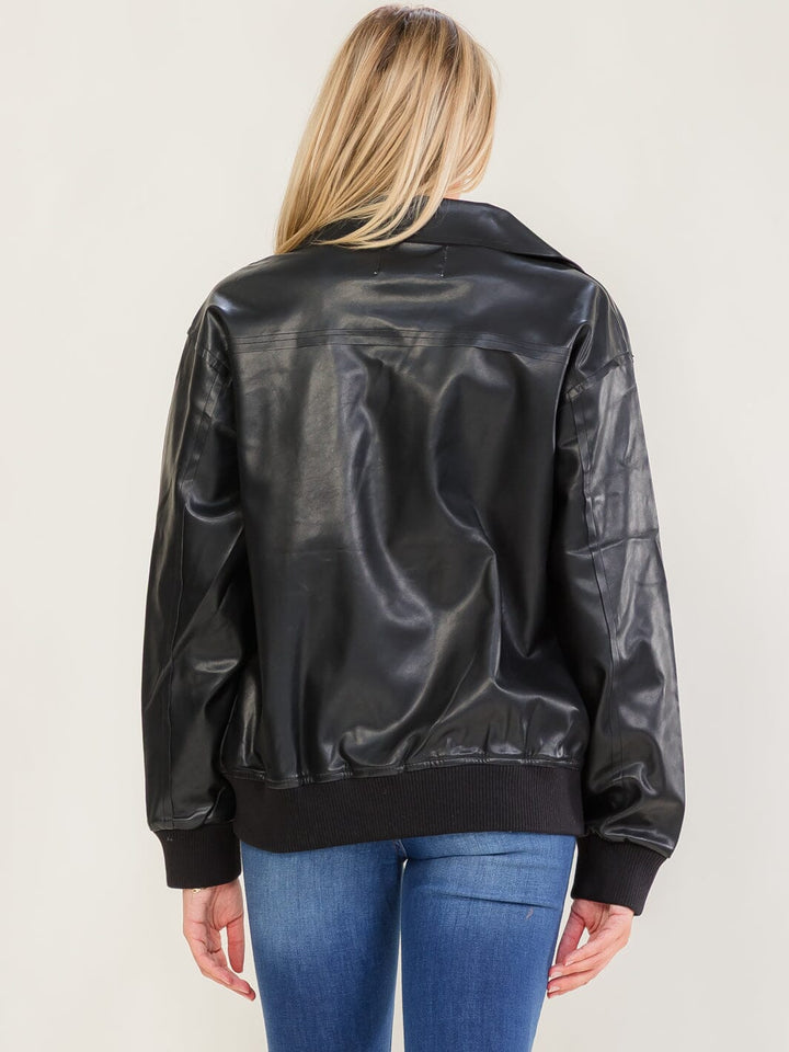 WOMEN'S LONG SLEEVE ZIPPER CLOSURE POCKETS PU PLEATHER JACKETS