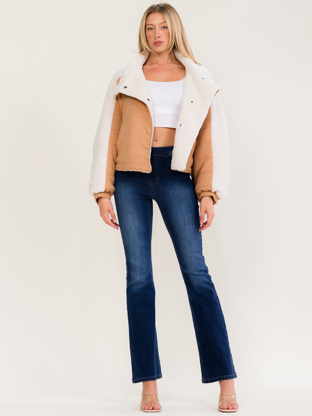 WOMEN'S LONG SLEEVE ZIPPER CLOSURE FRONT POCKET SHERPA CONTRAST JACKET