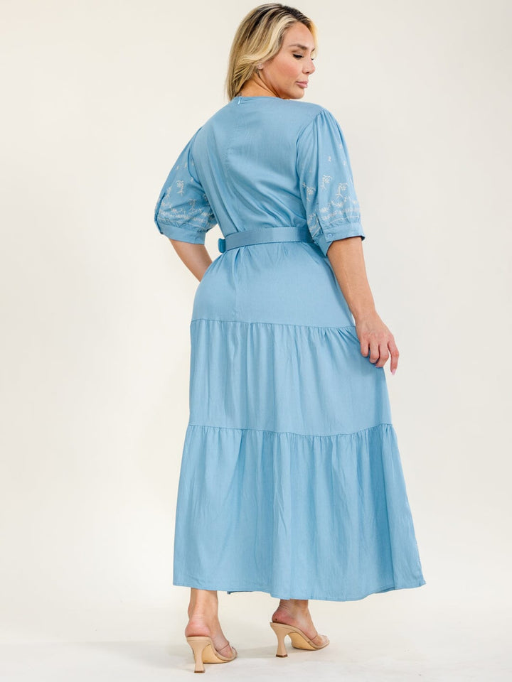 PLUS SIZE SHORT SLEEVE V-NECK TIERED BELTED EMBROIDERY MAXI DRESS