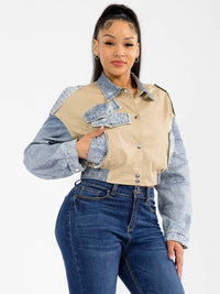 WOMEN'S LONG SLEEVE BUTTON CLOSURE FRONT POCKET DENIM CONTRAST JACKET