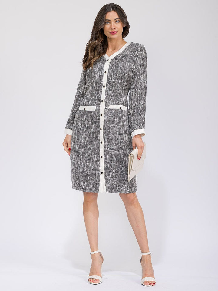WOMEN'S LONG SLEEVE V-NECK BUTTON UP COLORBLOCK MIDI DRESS