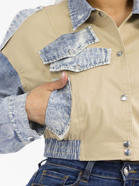 WOMEN'S LONG SLEEVE BUTTON CLOSURE FRONT POCKET DENIM CONTRAST JACKET
