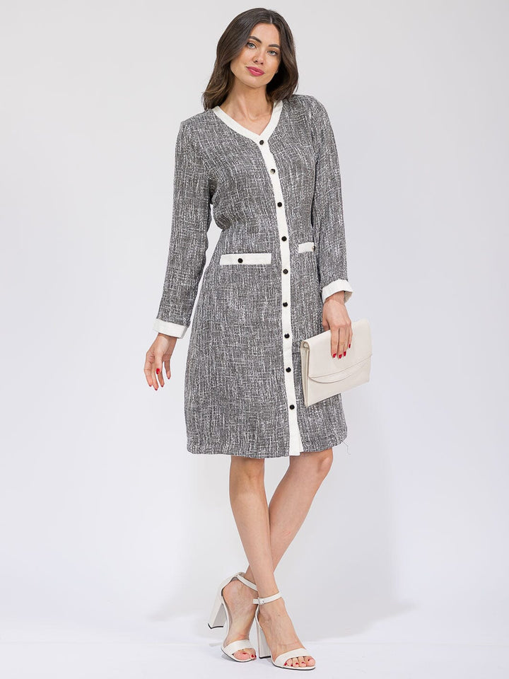 WOMEN'S LONG SLEEVE V-NECK BUTTON UP COLORBLOCK MIDI DRESS