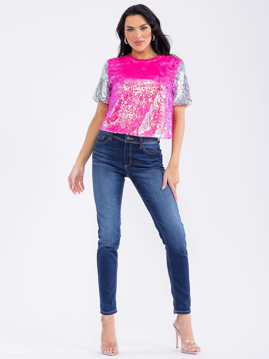 WOMEN'S SHORT SLEEVE MULTI SEQUINS BLOUSE