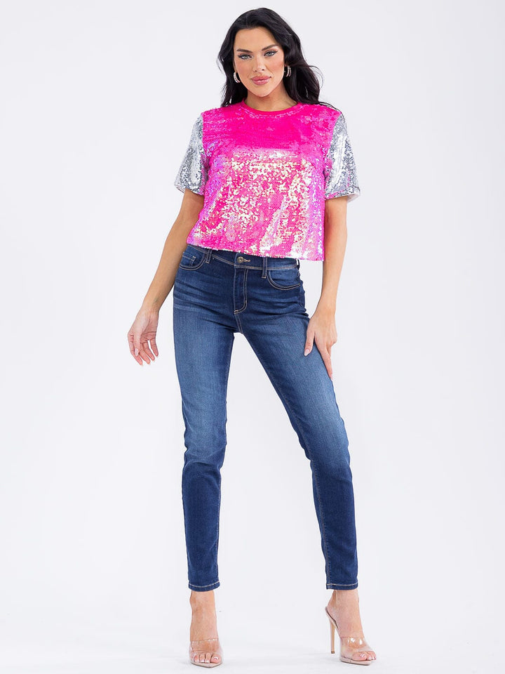 WOMEN'S SHORT SLEEVE MULTI SEQUINS BLOUSE