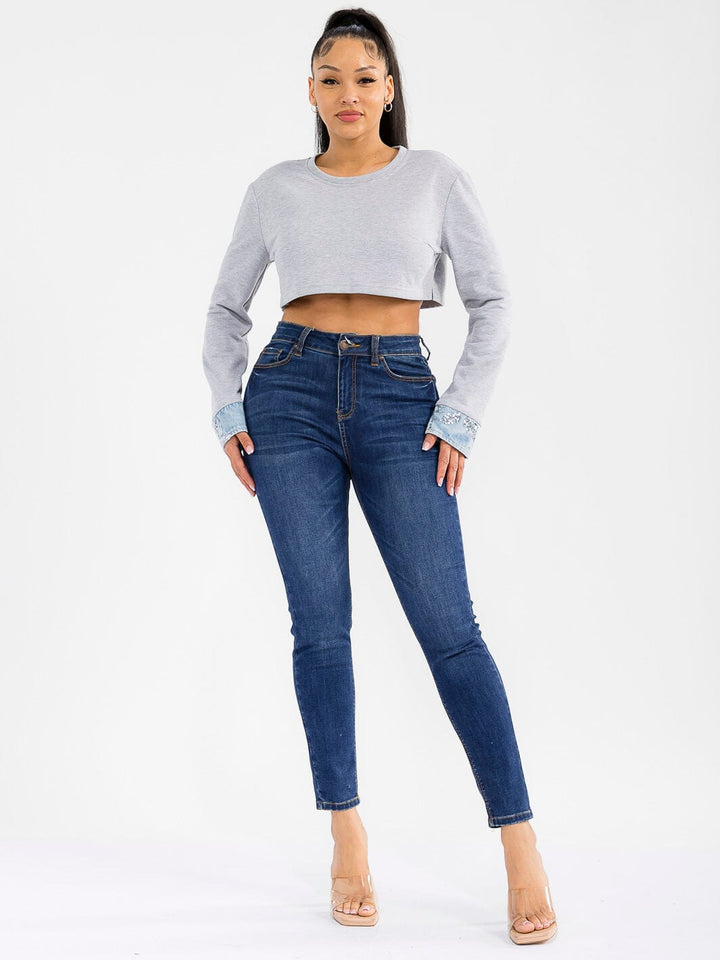 WOMEN'S LONG SLEEVE SOLID SEQUINS DENIM CONTRAST CROP TOP