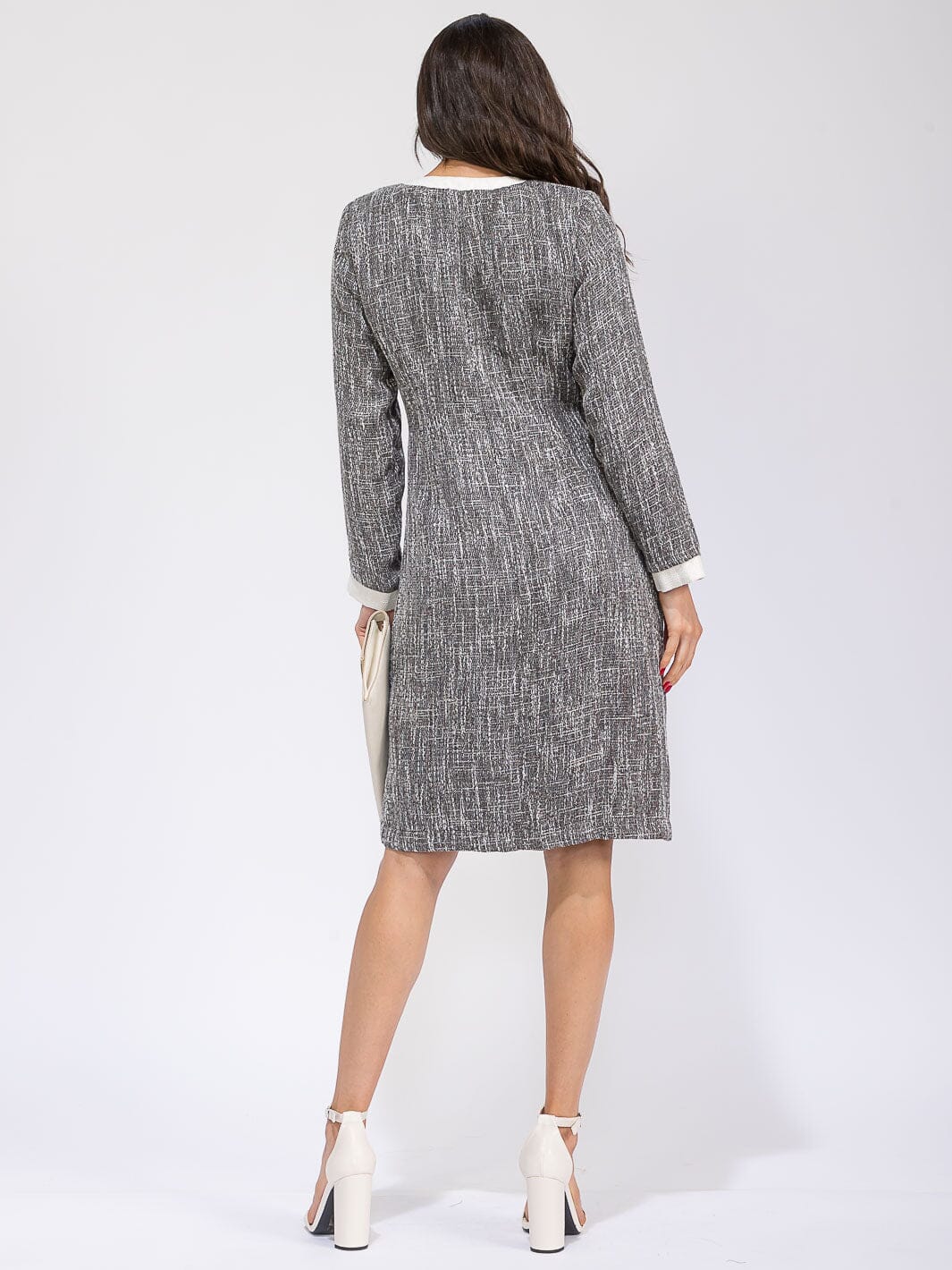 WOMEN'S LONG SLEEVE V-NECK BUTTON UP COLORBLOCK MIDI DRESS