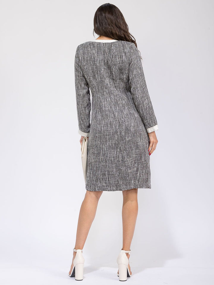 WOMEN'S LONG SLEEVE V-NECK BUTTON UP COLORBLOCK MIDI DRESS