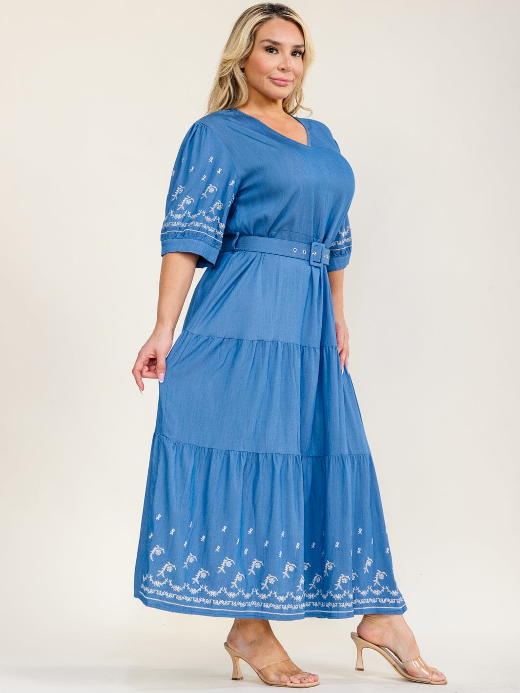 PLUS SIZE SHORT SLEEVE V-NECK TIERED BELTED EMBROIDERY MAXI DRESS