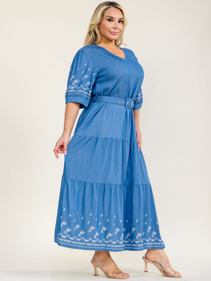 PLUS SIZE SHORT SLEEVE V-NECK TIERED BELTED EMBROIDERY MAXI DRESS