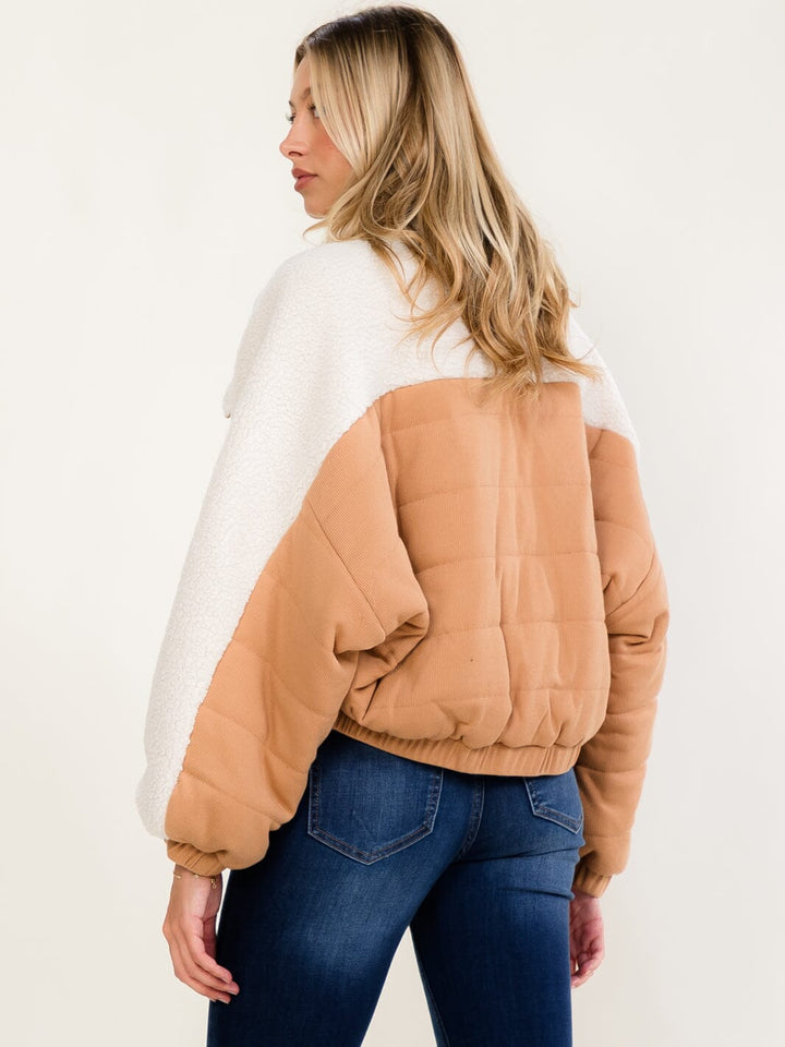 WOMEN'S LONG SLEEVE ZIPPER CLOSURE FRONT POCKET SHERPA CONTRAST JACKET