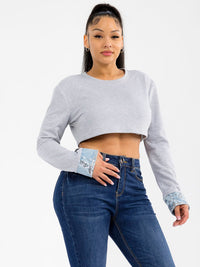 WOMEN'S LONG SLEEVE SOLID SEQUINS DENIM CONTRAST CROP TOP