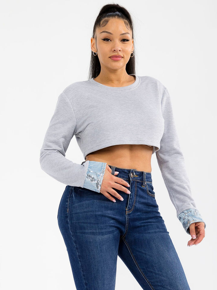 WOMEN'S LONG SLEEVE SOLID SEQUINS DENIM CONTRAST CROP TOP
