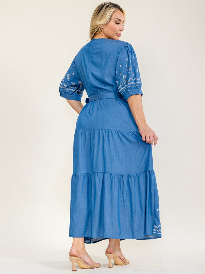 PLUS SIZE SHORT SLEEVE V-NECK TIERED BELTED EMBROIDERY MAXI DRESS