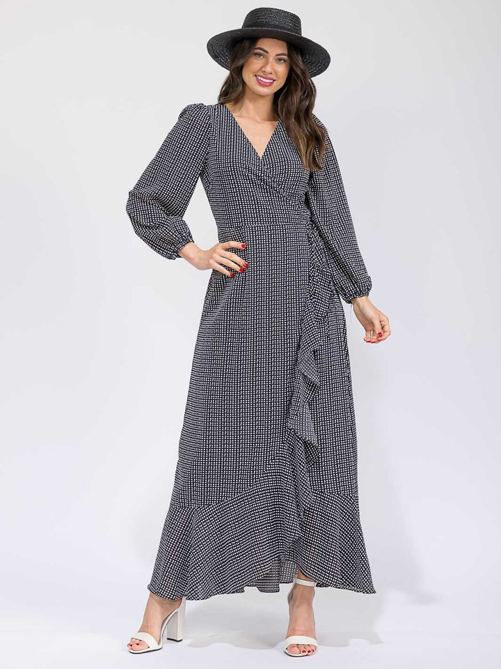 WOMEN'S LONG SLEEVE RUFFLE PLAID WRAP MAXI DRESS