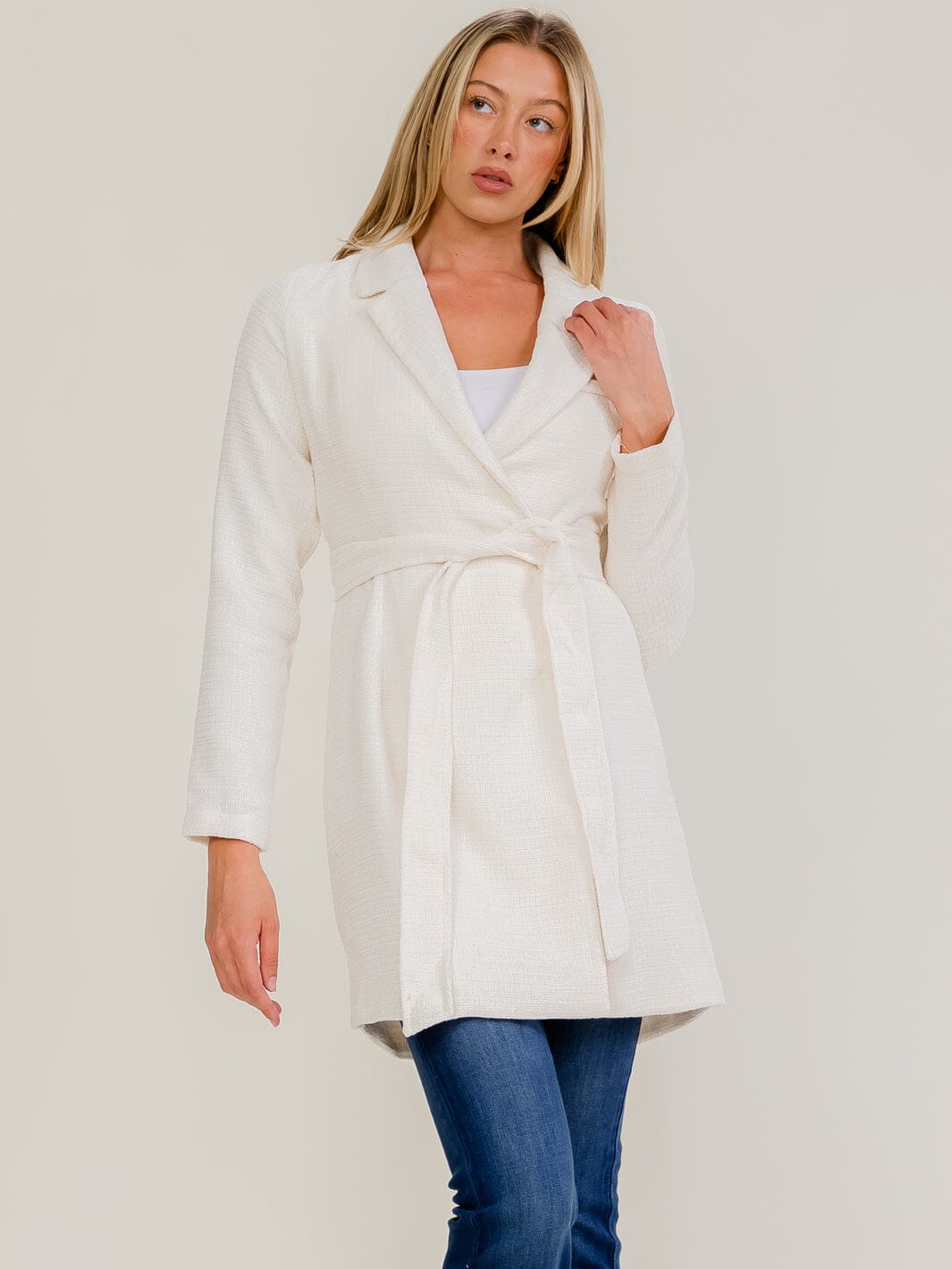 WOMEN'S LONG SLEEVE BUTTON CLOSURE BACK CUT OUT SELF TIE COAT