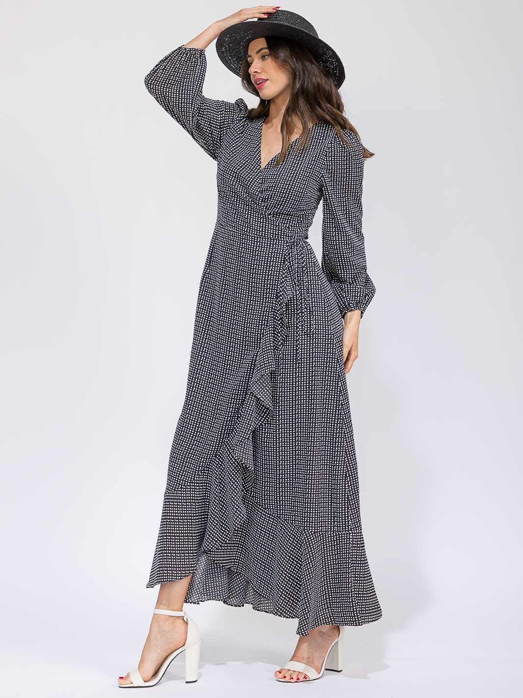 WOMEN'S LONG SLEEVE RUFFLE PLAID WRAP MAXI DRESS