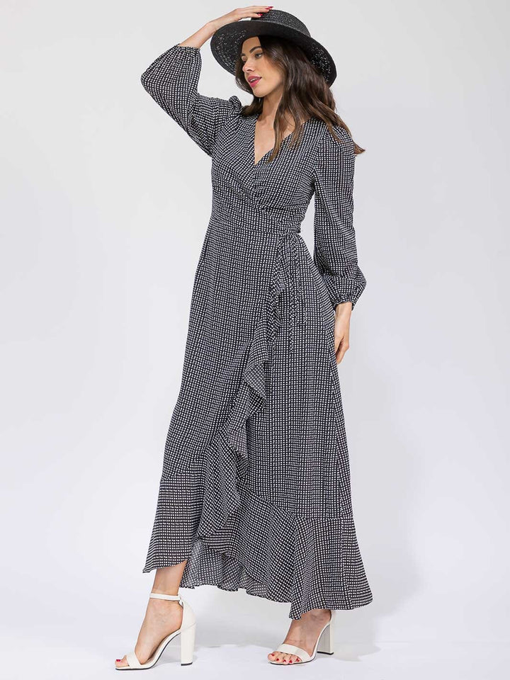 WOMEN'S LONG SLEEVE RUFFLE PLAID WRAP MAXI DRESS