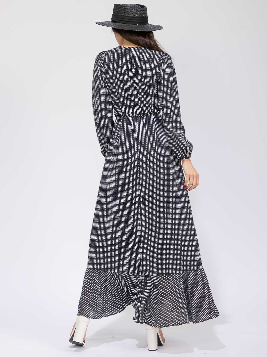 WOMEN'S LONG SLEEVE RUFFLE PLAID WRAP MAXI DRESS