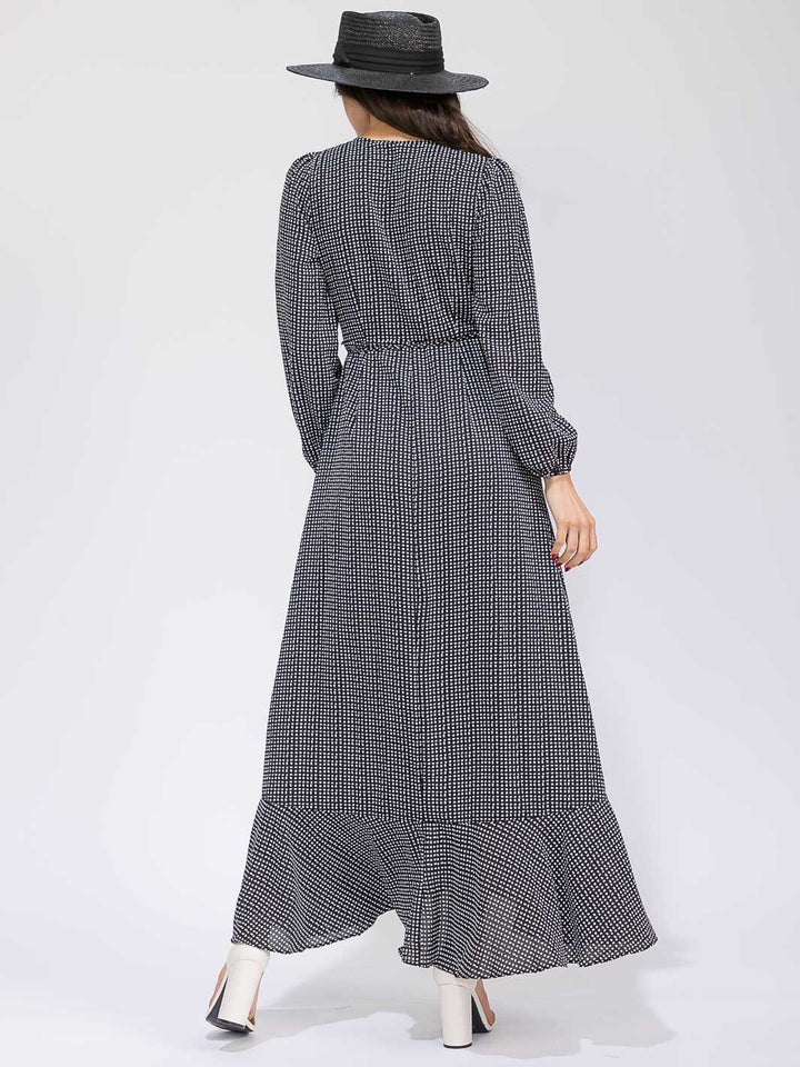 WOMEN'S LONG SLEEVE RUFFLE PLAID WRAP MAXI DRESS