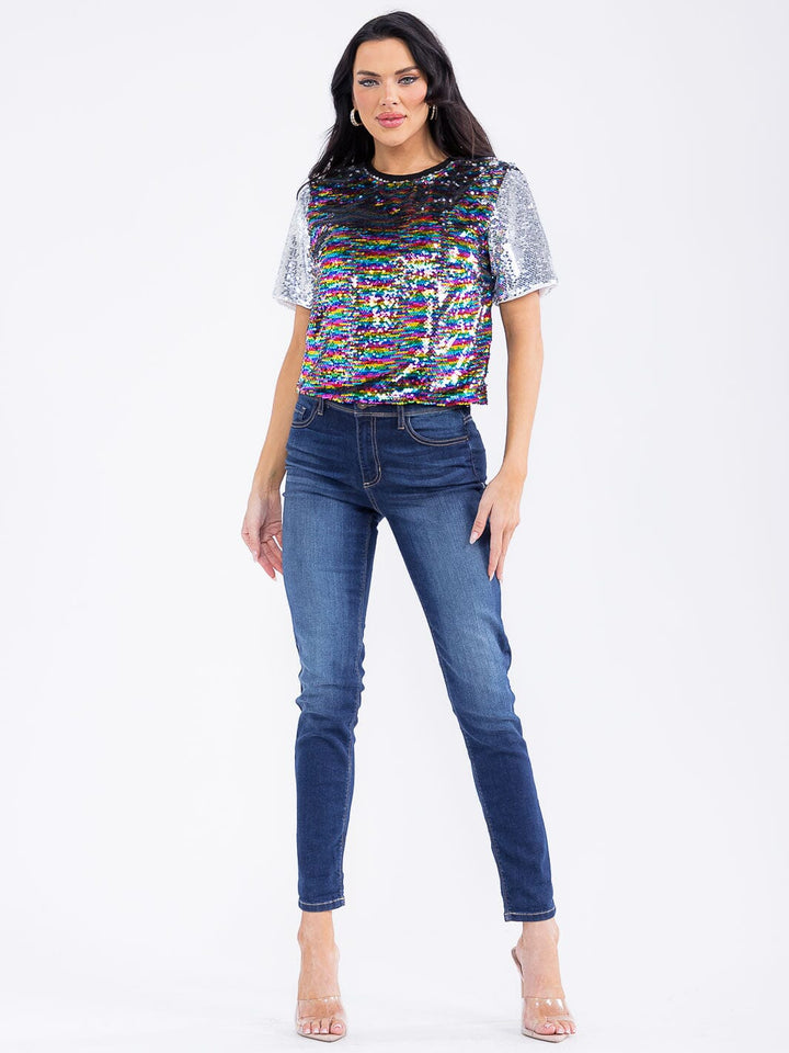 WOMEN'S SHORT SLEEVE MULTI SEQUINS BLOUSE