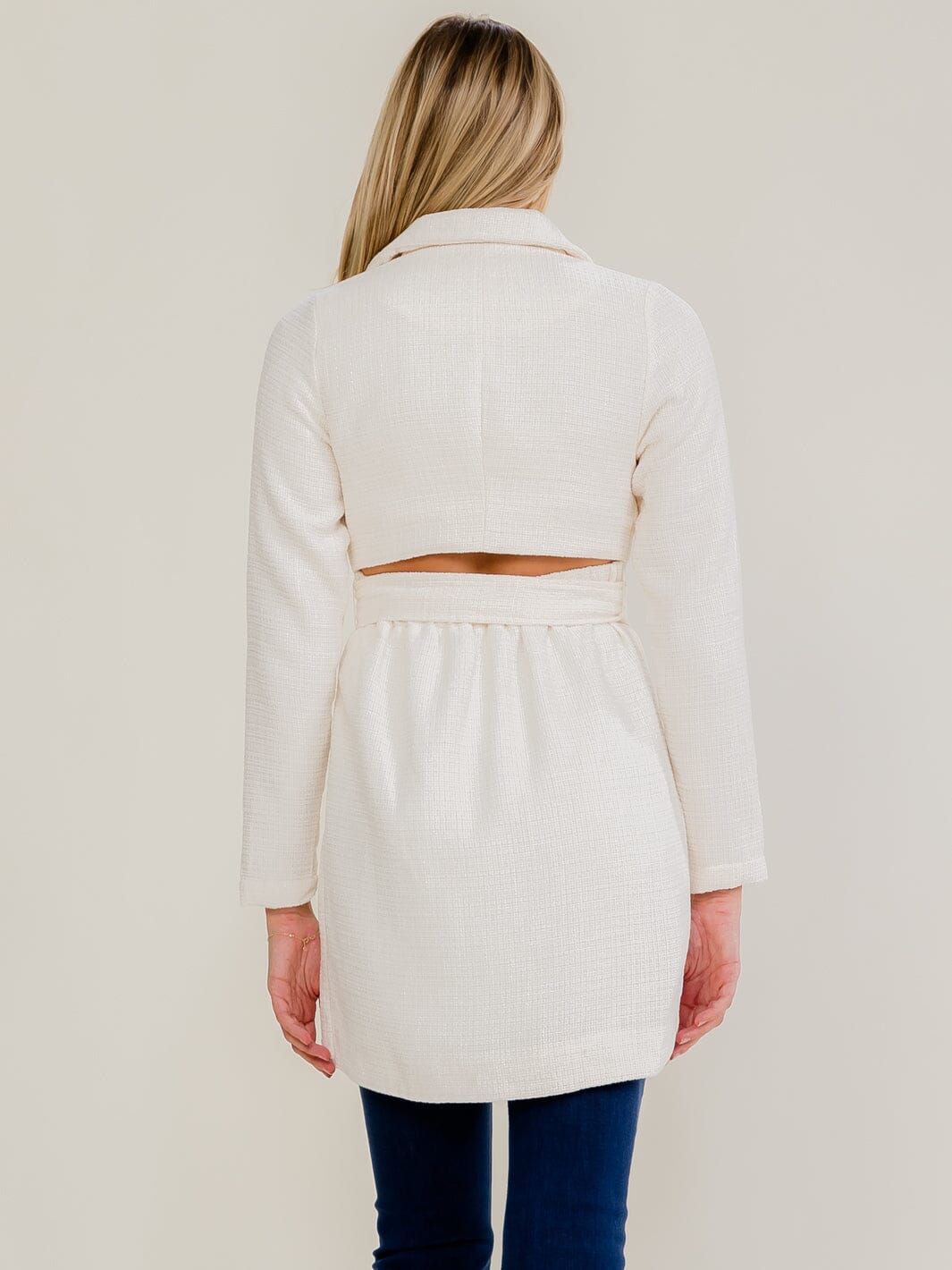 WOMEN'S LONG SLEEVE BUTTON CLOSURE BACK CUT OUT SELF TIE COAT