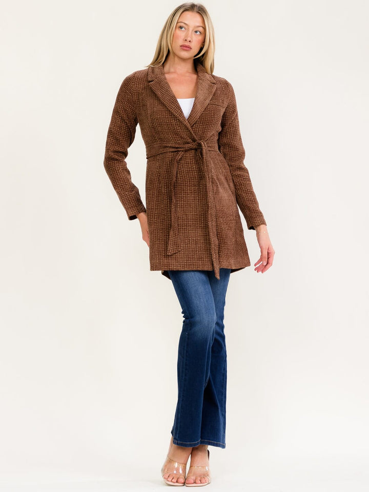 WOMEN'S LONG SLEEVE BUTTON CLOSURE BACK CUT OUT SELF TIE COAT