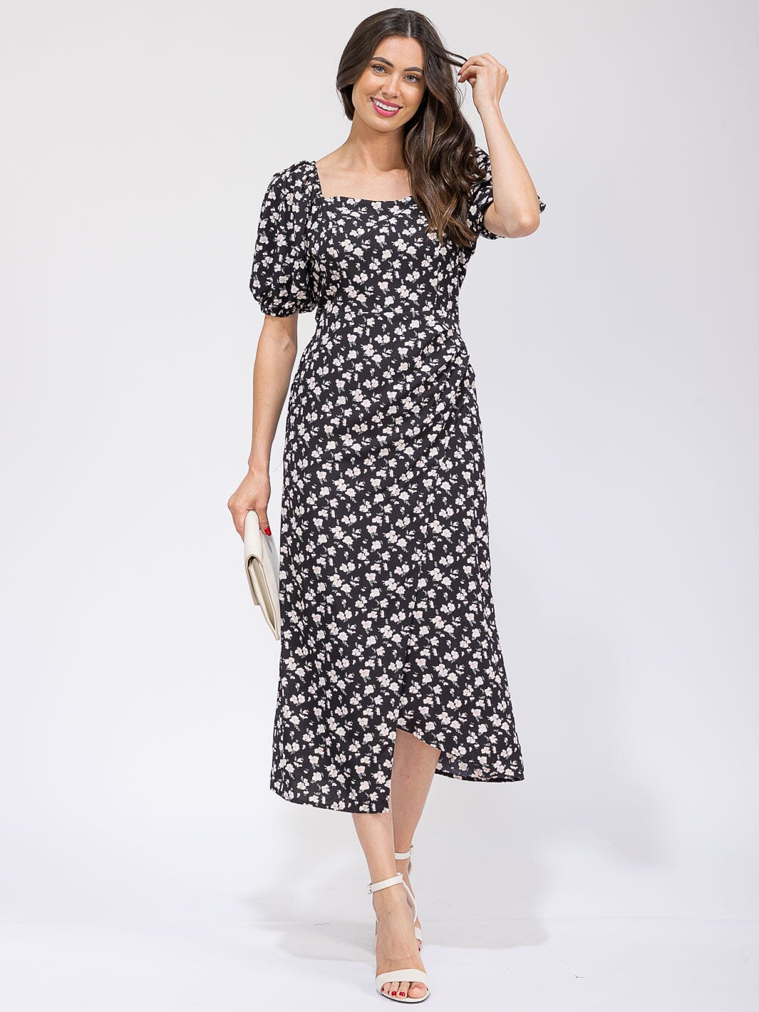 WOMEN'S SHORT SLEEVE FRONT POCKETS SURPLICE FLORAL MAXI DRESS