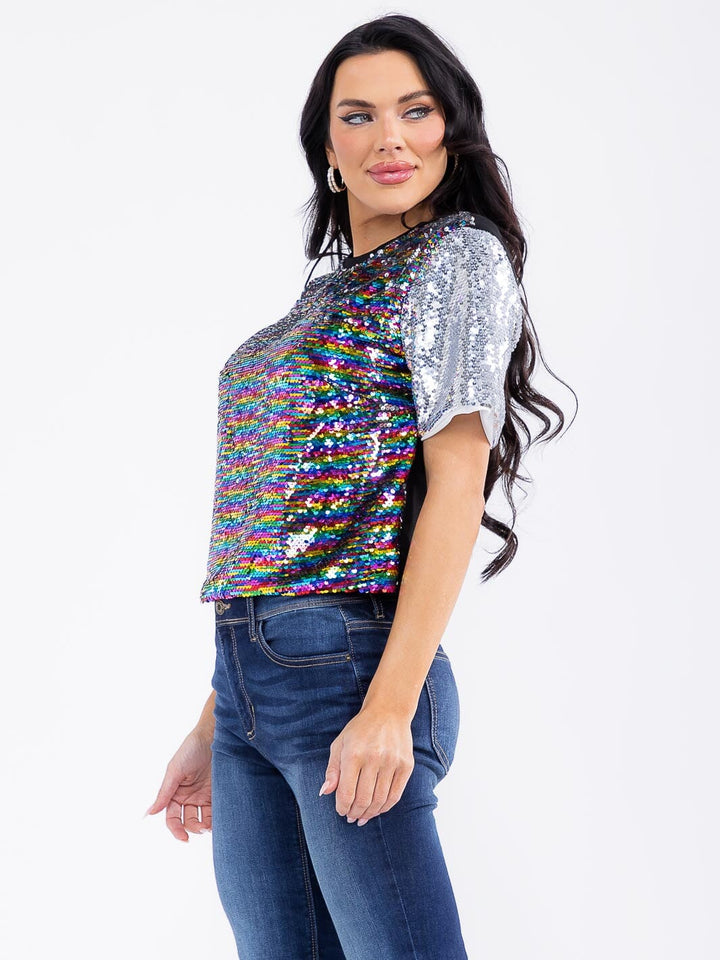 WOMEN'S SHORT SLEEVE MULTI SEQUINS BLOUSE