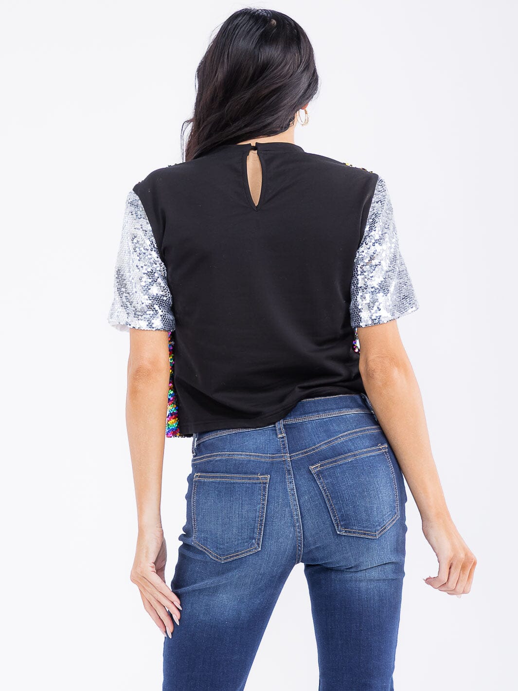 WOMEN'S SHORT SLEEVE MULTI SEQUINS BLOUSE