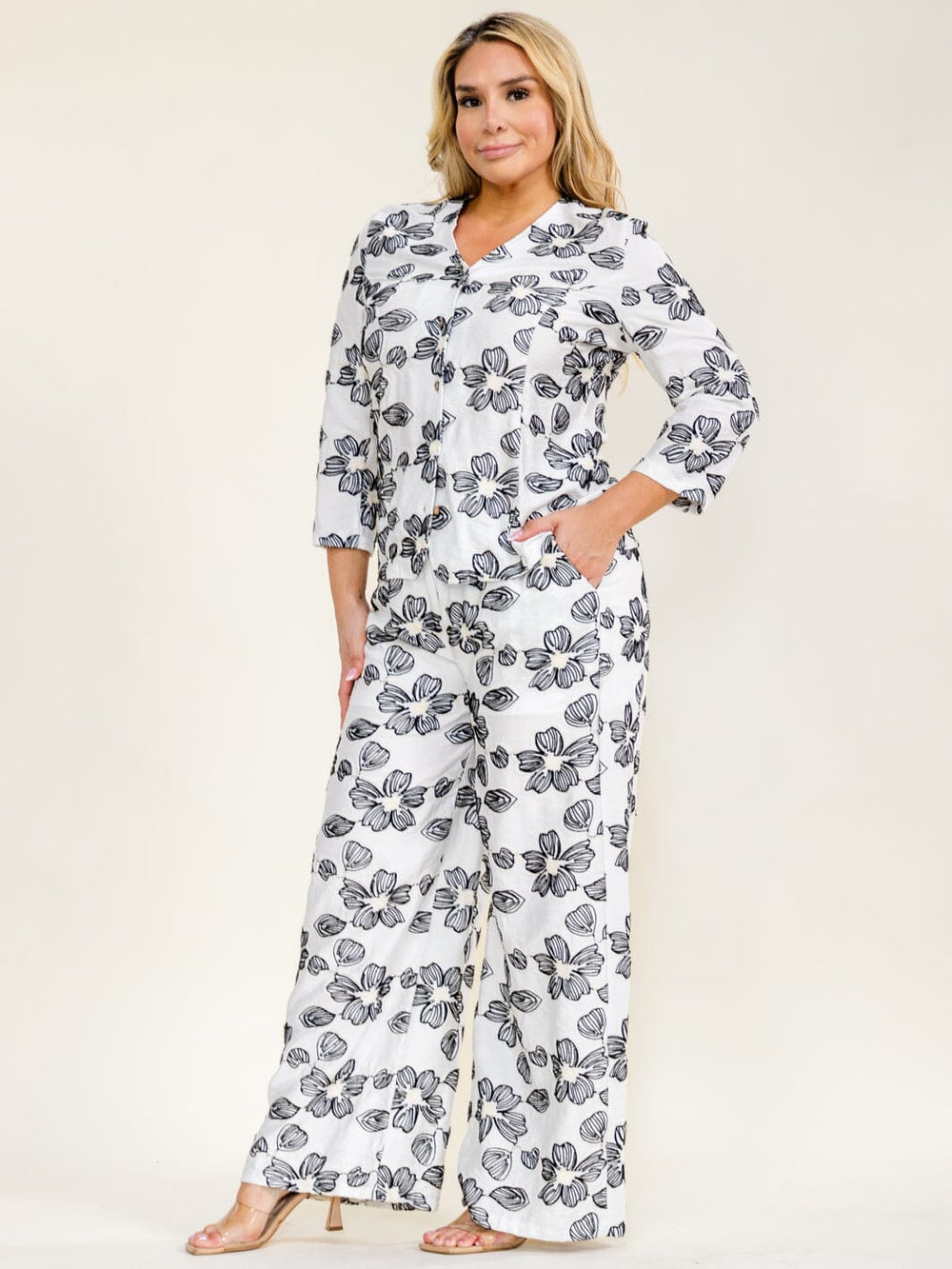 PLUS SIZE 3/4 SLEEVE BUTTON UP BLOUSE & ELASTIC WAIST POCKETS PANTS FLORAL EMBROIDERY 2PC. SET