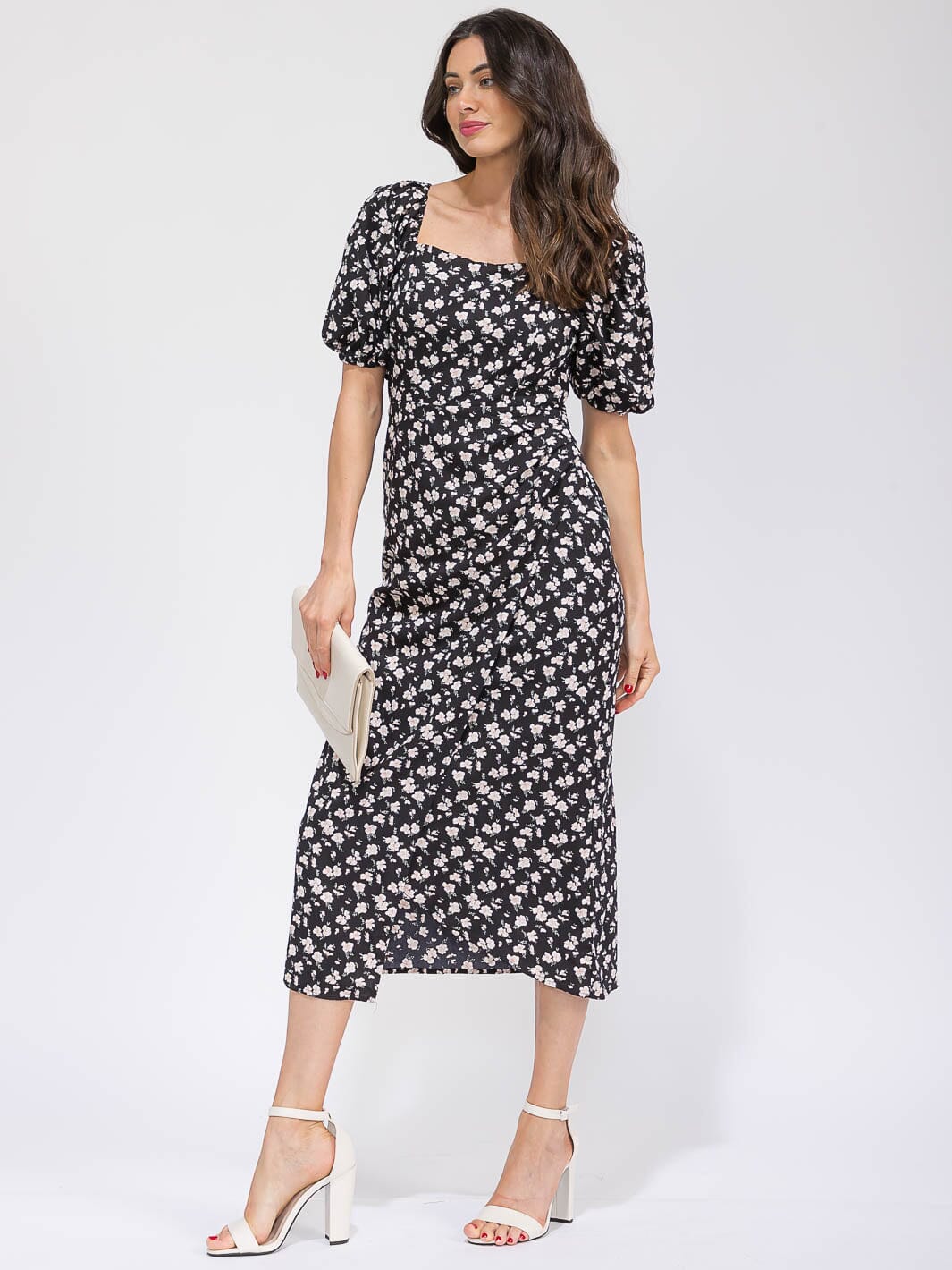 WOMEN'S SHORT SLEEVE FRONT POCKETS SURPLICE FLORAL MAXI DRESS