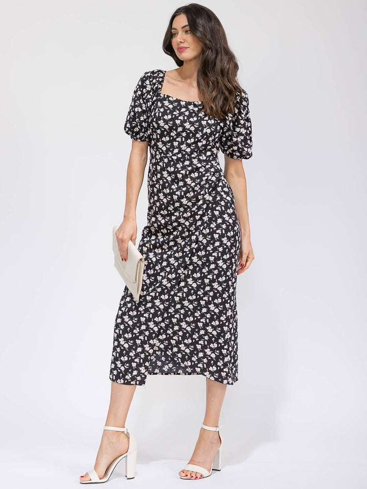 WOMEN'S SHORT SLEEVE FRONT POCKETS SURPLICE FLORAL MAXI DRESS