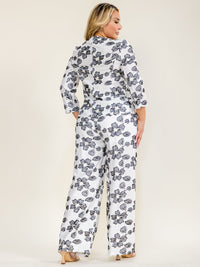 PLUS SIZE 3/4 SLEEVE BUTTON UP BLOUSE & ELASTIC WAIST POCKETS PANTS FLORAL EMBROIDERY 2PC. SET
