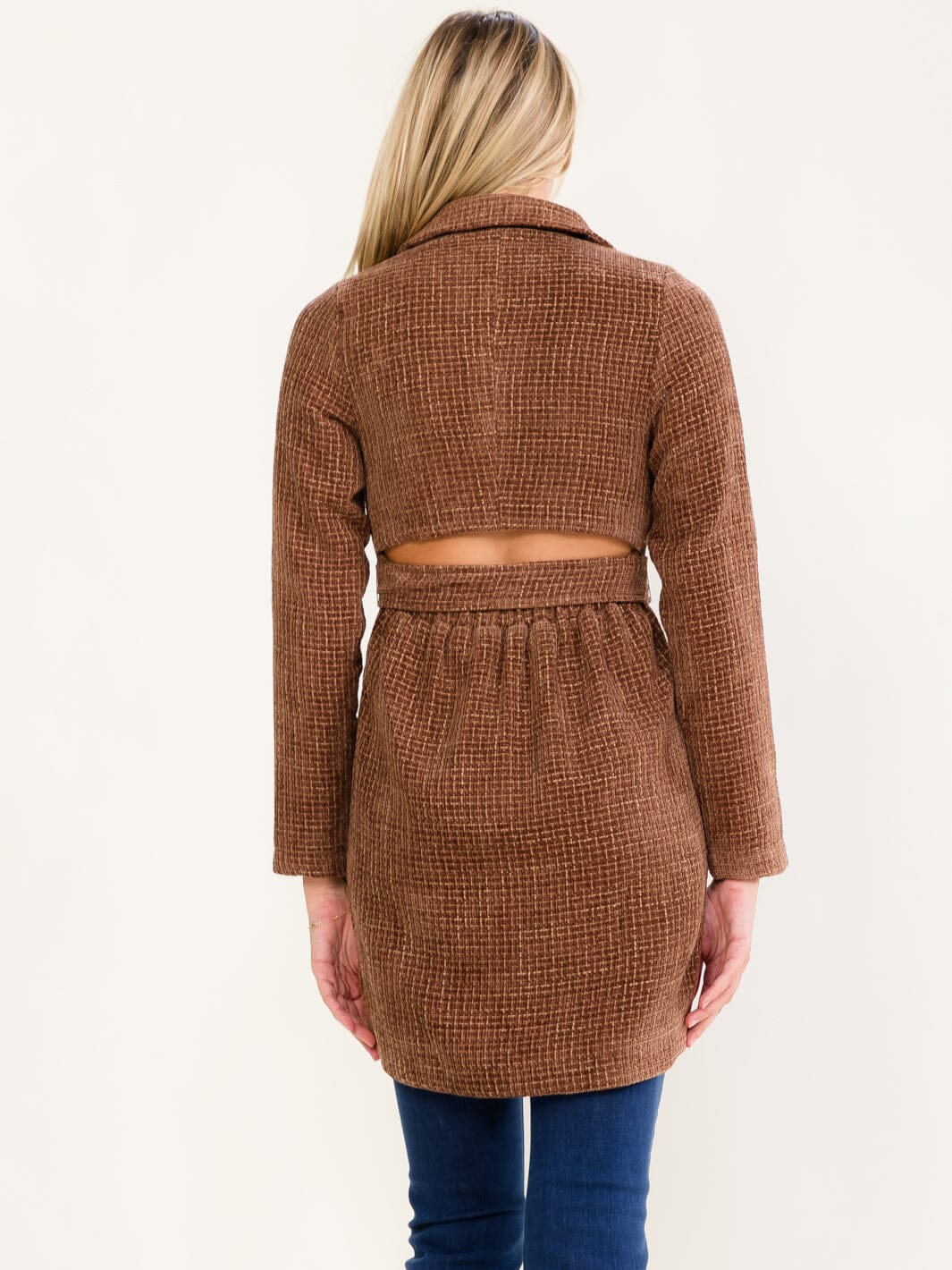 WOMEN'S LONG SLEEVE BUTTON CLOSURE BACK CUT OUT SELF TIE COAT