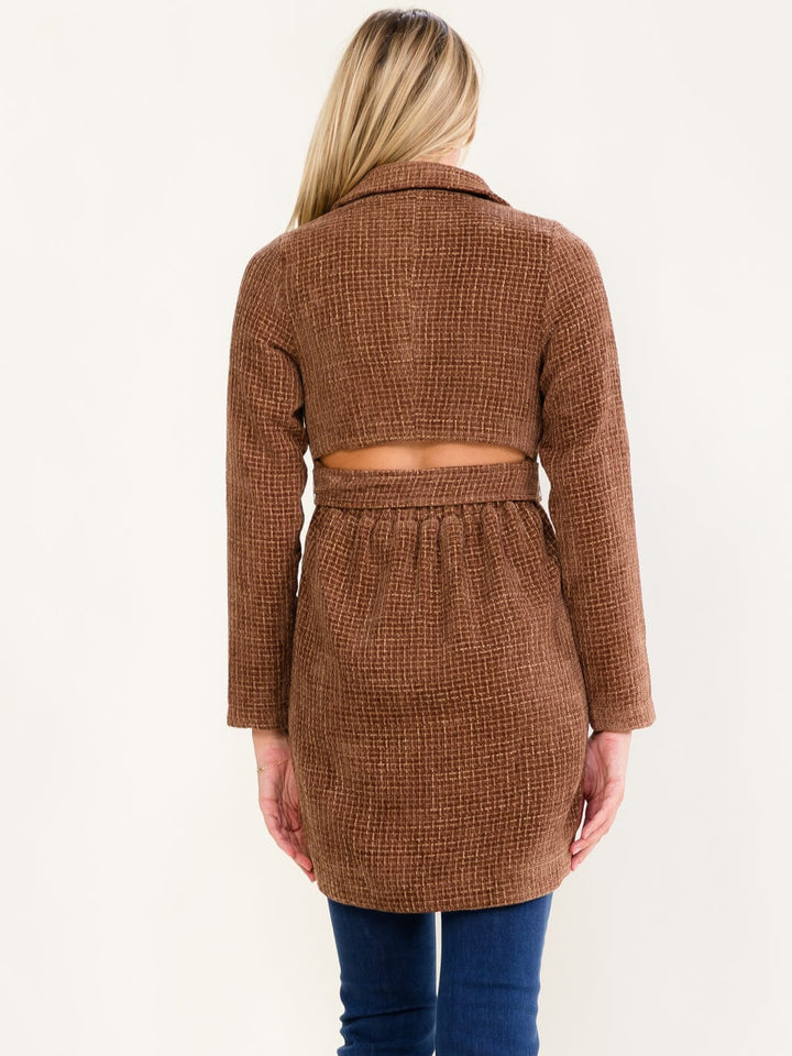 WOMEN'S LONG SLEEVE BUTTON CLOSURE BACK CUT OUT SELF TIE COAT
