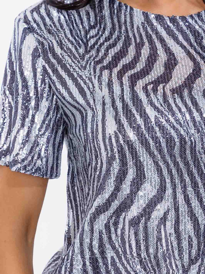 WOMEN'S SHORT SLEEVE ANIMAL PRINT SEQUINS BLOUSE