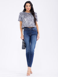 WOMEN'S SHORT SLEEVE ANIMAL PRINT SEQUINS BLOUSE