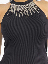 WOMEN'S SLEEVELESS HALTER NECK RIBBED STUDS FRINGE DETAILED BODYCON MINI DRESS
