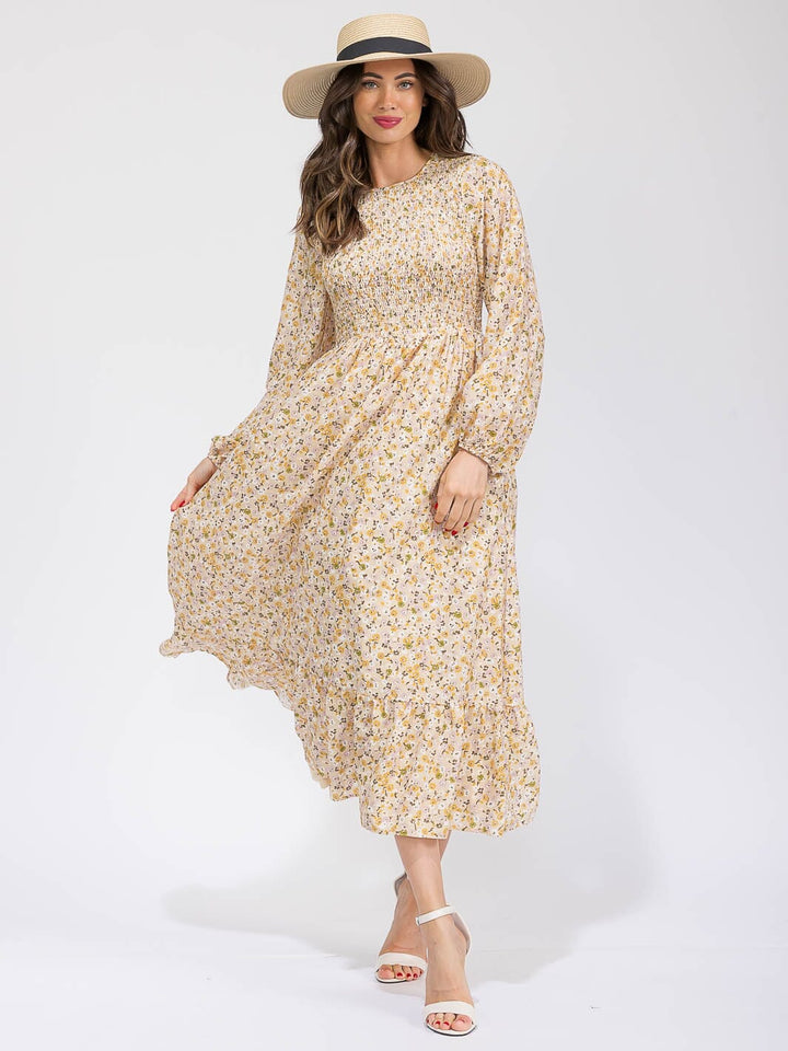 WOMEN'S LONG SLEEVE SMOCK POCKETS TIERED FLORAL MAXI DRESS
