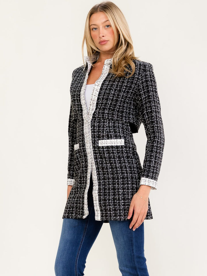 WOMEN'S LONG SLEEVE BUTTON CLOSURE FRONT POCKETS TWEED COAT