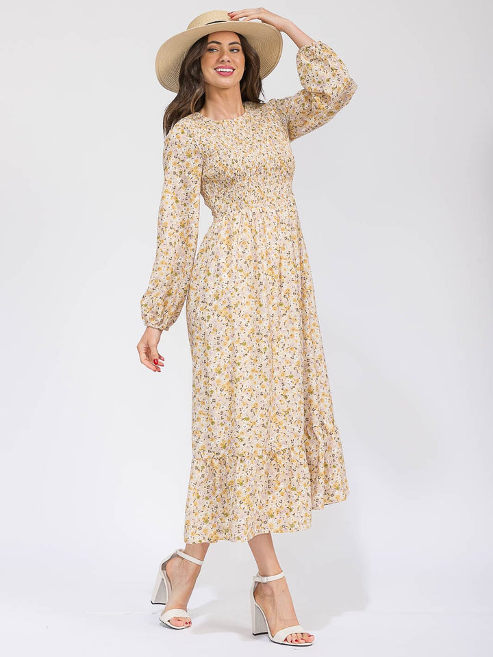 WOMEN'S LONG SLEEVE SMOCK POCKETS TIERED FLORAL MAXI DRESS